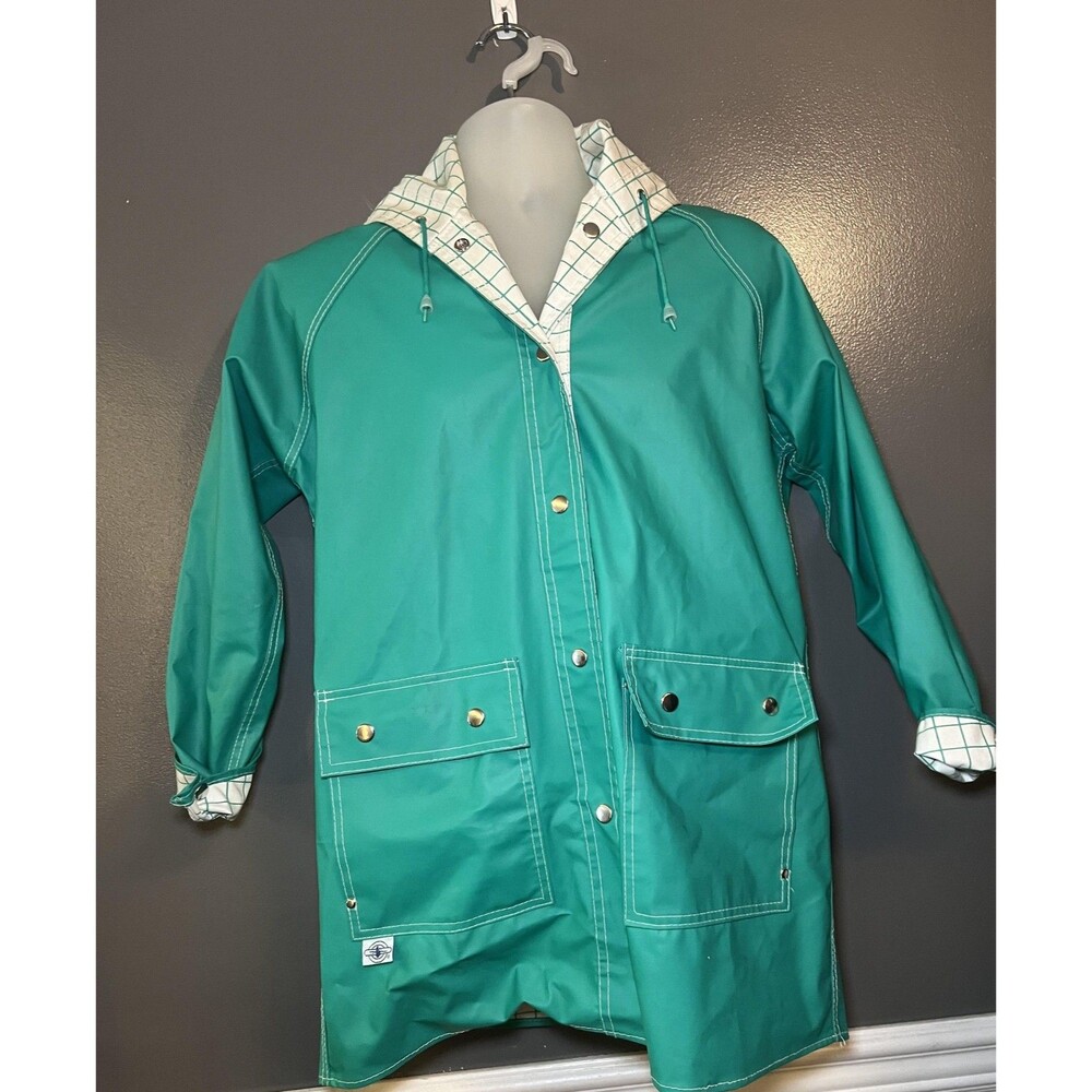 Vintage Charles River Coat Womens Medium Green Hooded PVC Rain Reversible 80s - Picture 2 of 16